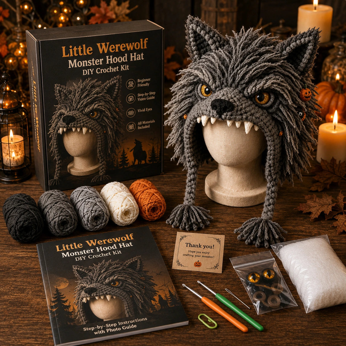 Halloween Monster Hood Hat DIY Crochet Kit – Spooky Handmade Costume Craft Setv