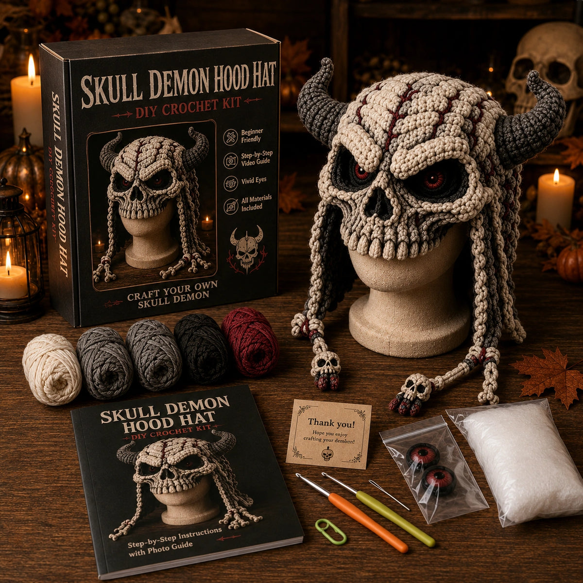 Halloween Monster Hood Hat DIY Crochet Kit – Spooky Handmade Costume Craft Setv