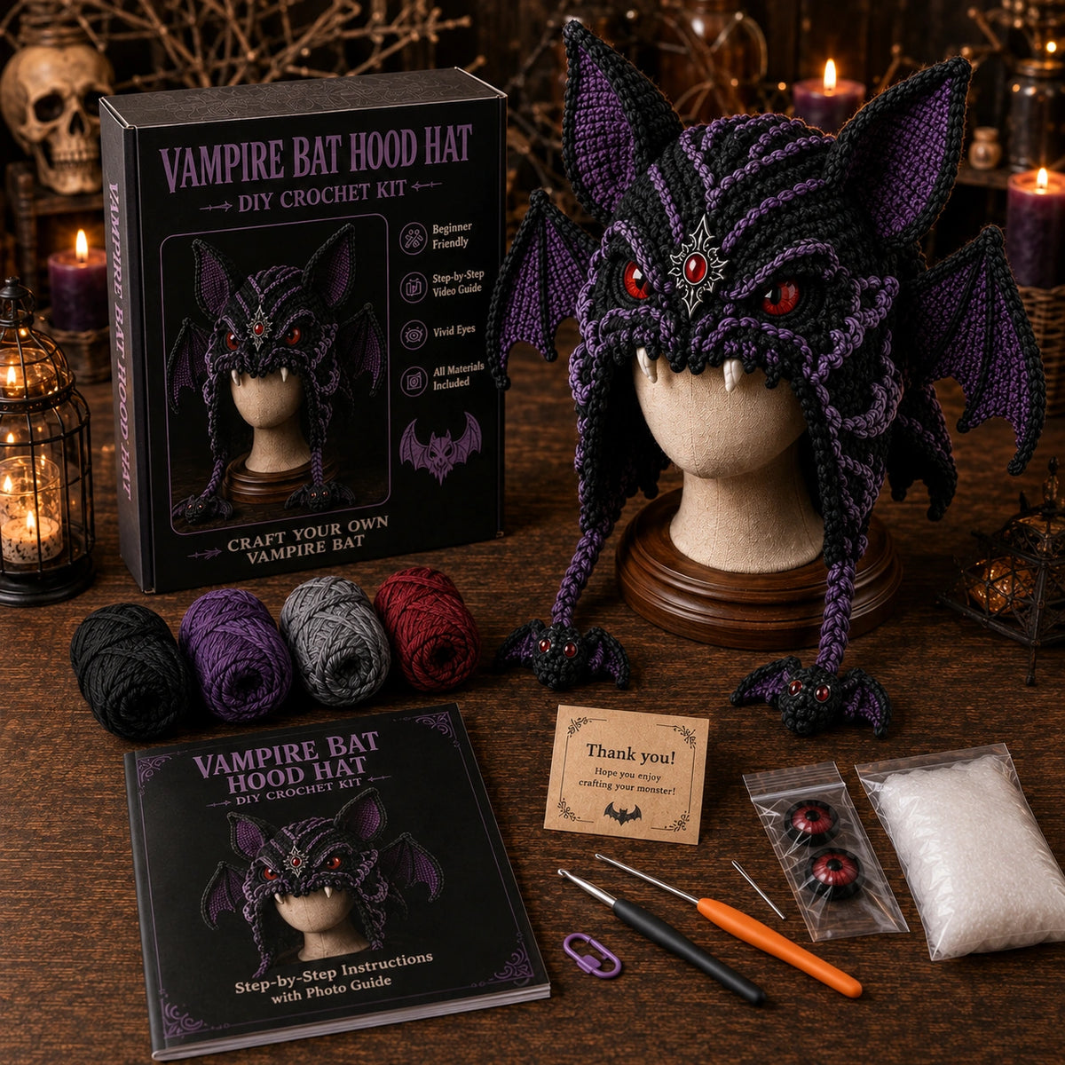 Halloween Monster Hood Hat DIY Crochet Kit – Spooky Handmade Costume Craft Setv