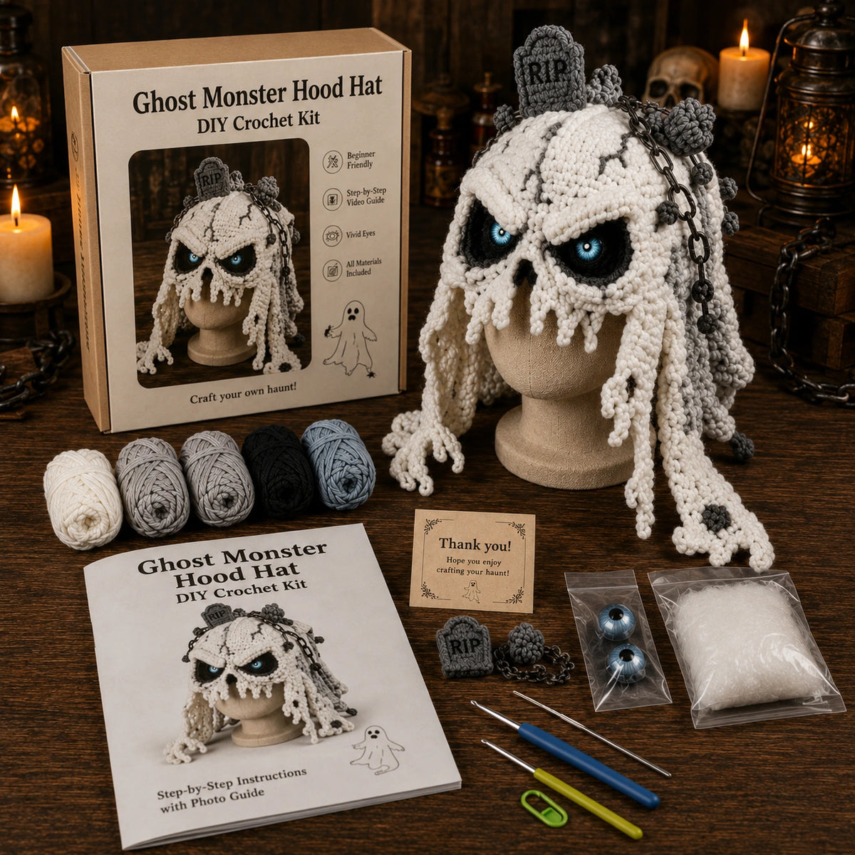 Halloween Monster Hood Hat DIY Crochet Kit – Spooky Handmade Costume Craft Setv