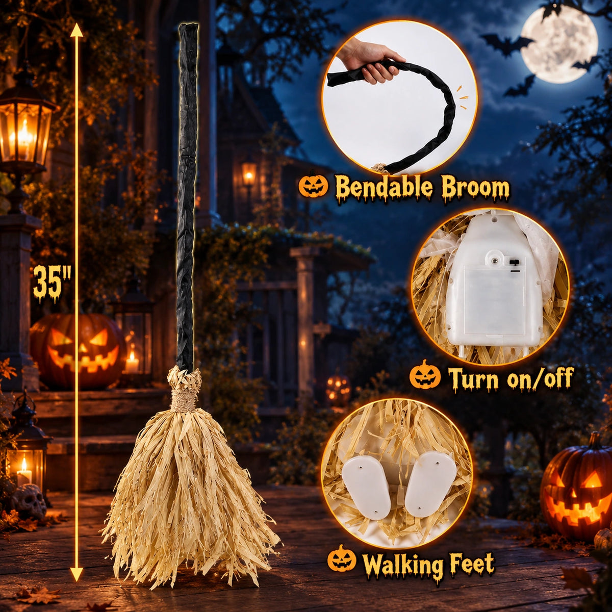Animated Halloween Dancing Witch Broom with Lights & Spooky Sounds