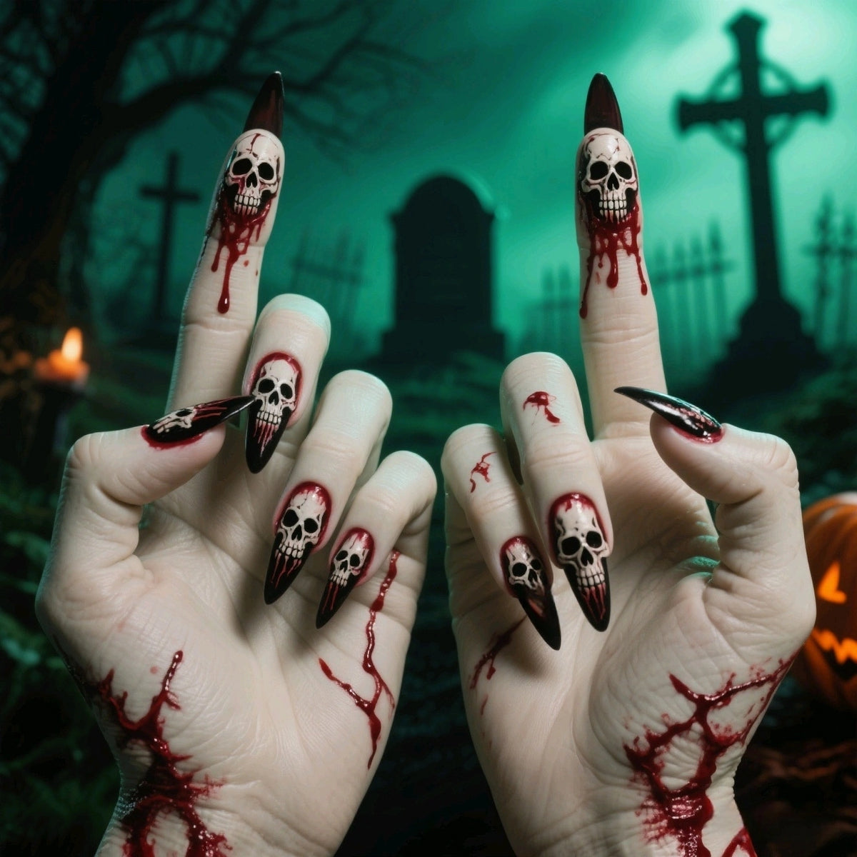 Halloween Press-On Nails – Cute Ghost Pumpkin Bat & Skull False Nail Set