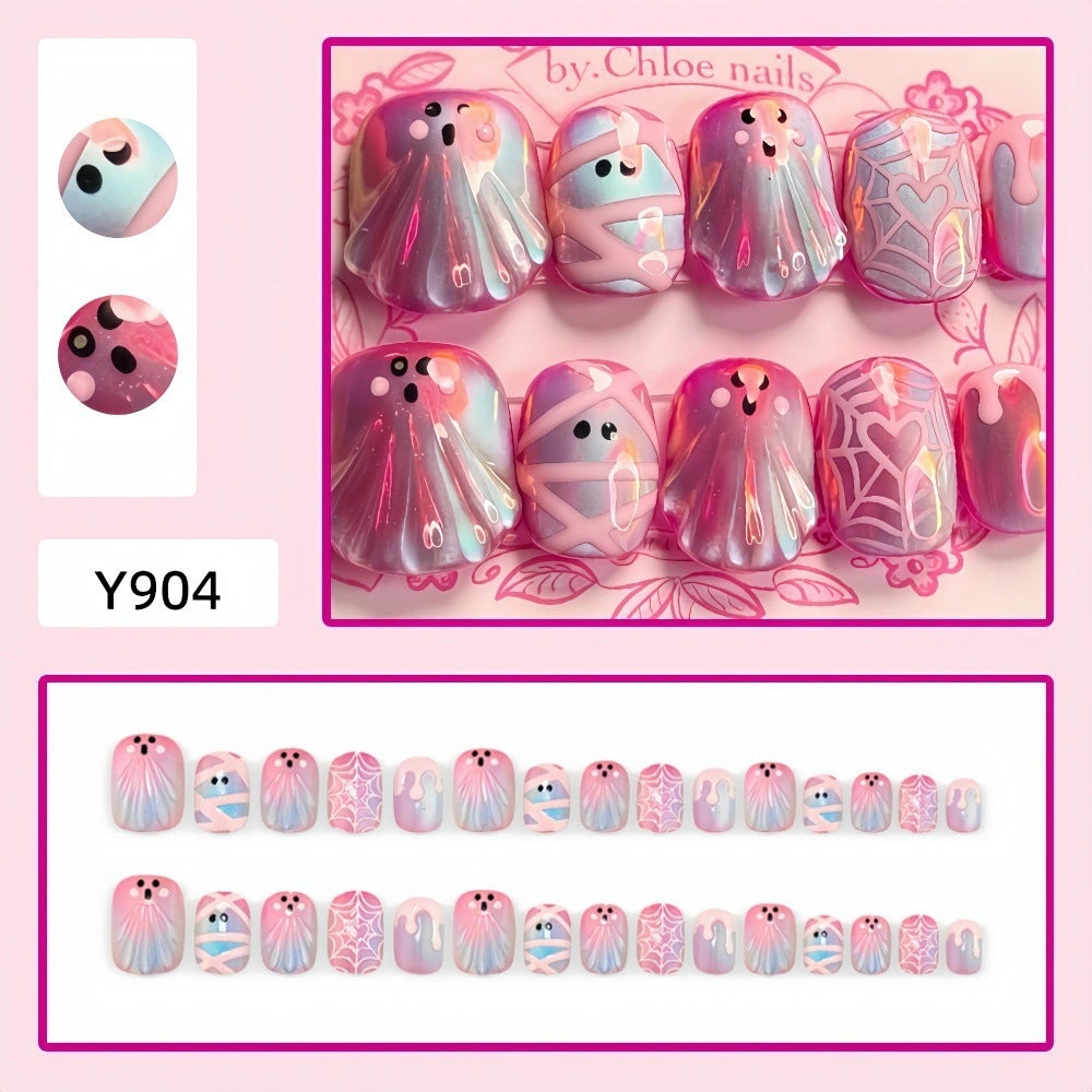 Halloween Press-On Nails – Cute Ghost Pumpkin Bat & Skull False Nail Set