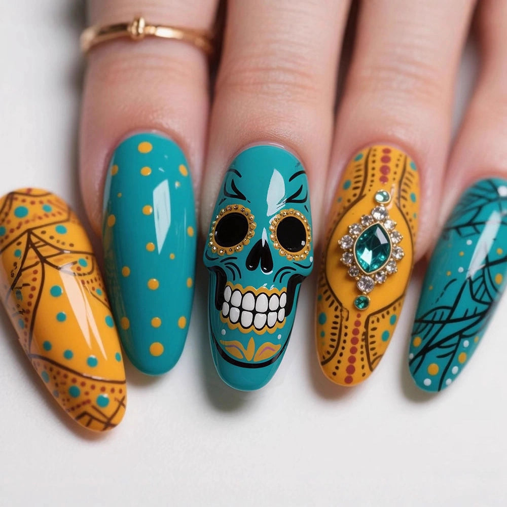 Halloween Press-On Nails – Cute Ghost Pumpkin Bat & Skull False Nail Set