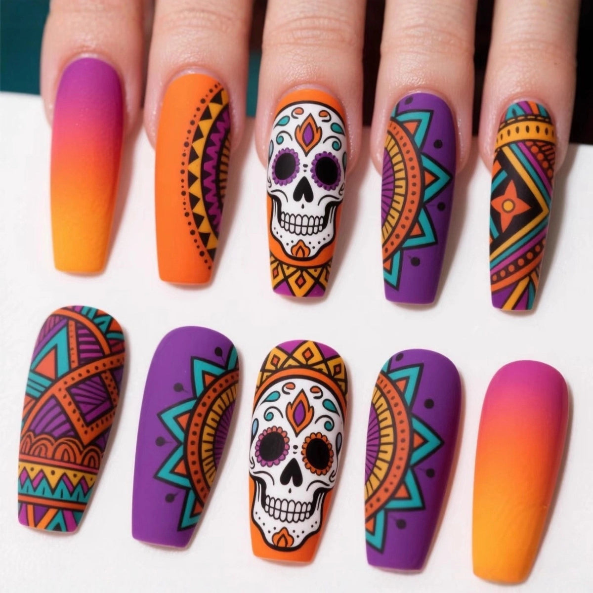 Halloween Press-On Nails – Cute Ghost Pumpkin Bat & Skull False Nail Set