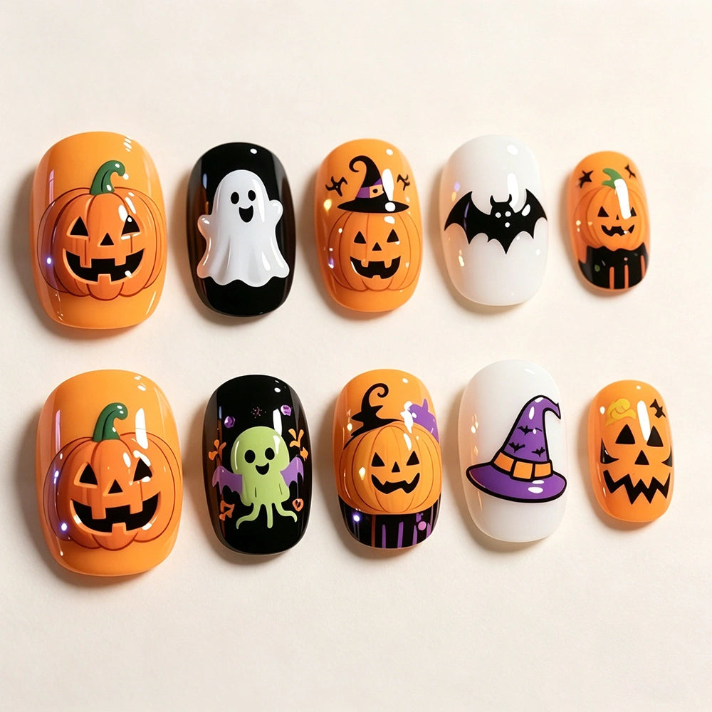 Halloween Press-On Nails – Cute Ghost Pumpkin Bat & Skull False Nail Set
