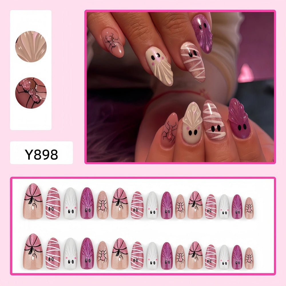 Halloween Press-On Nails – Cute Ghost Pumpkin Bat & Skull False Nail Set