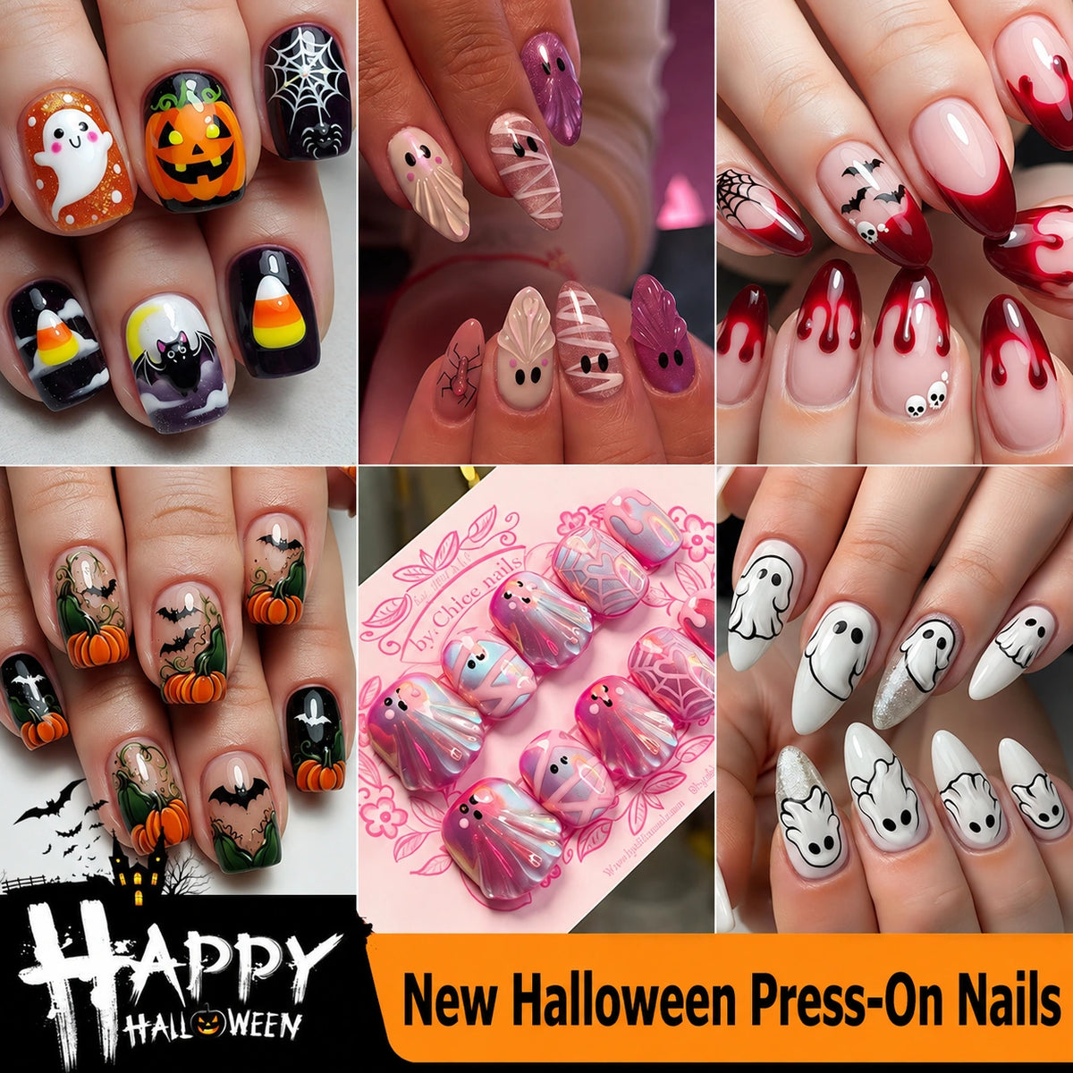 Halloween Press-On Nails – Cute Ghost Pumpkin Bat & Skull False Nail Set