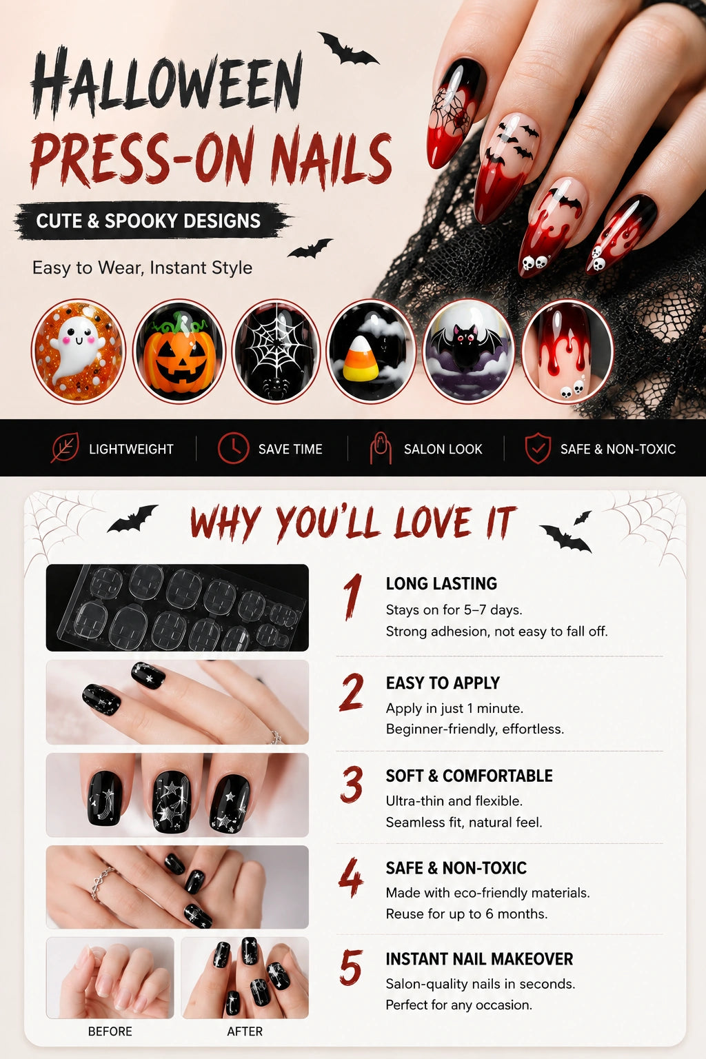 Halloween Press-On Nails – Cute Ghost Pumpkin Bat & Skull False Nail Set