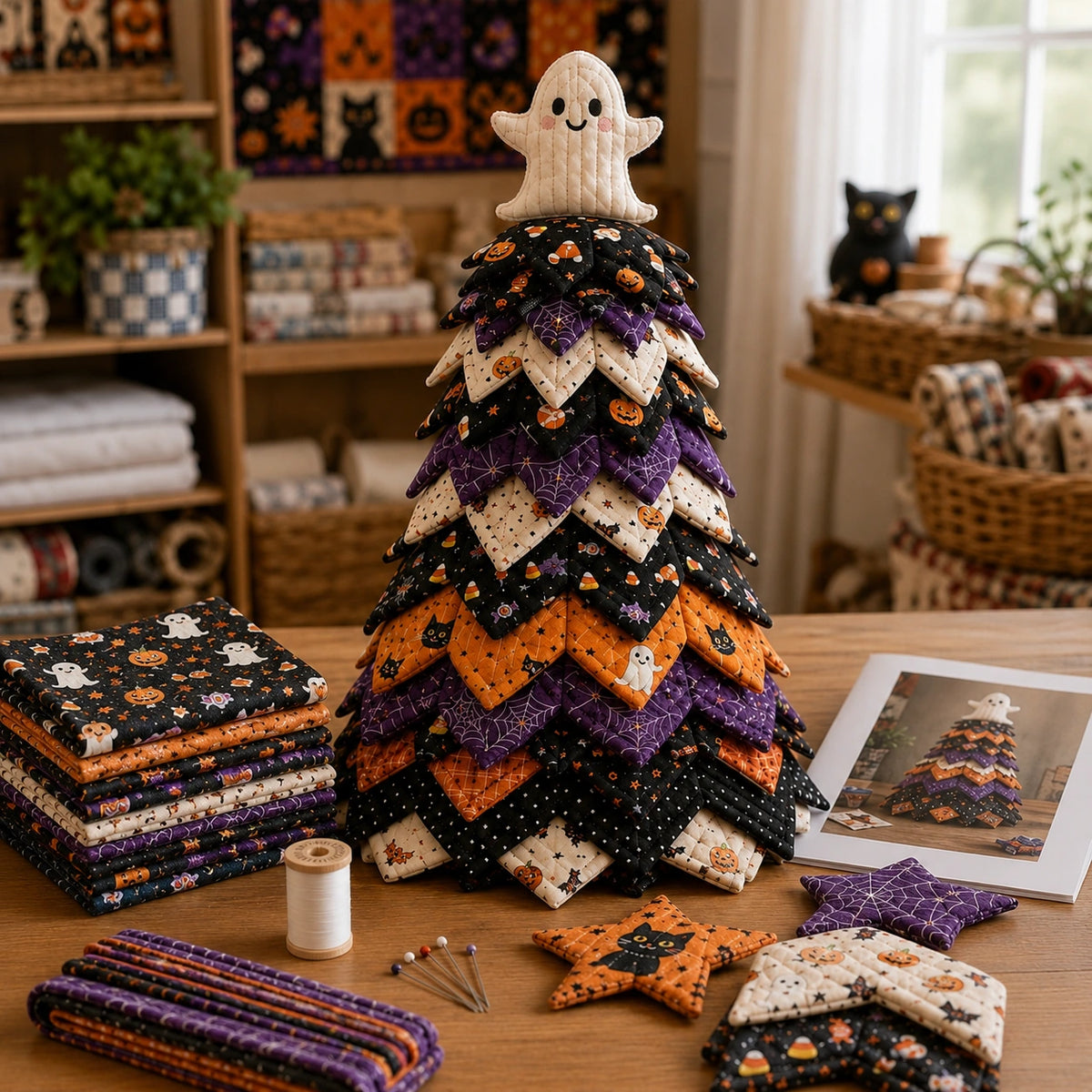 DIY Quilted Halloween Tree Craft Kit – Patchwork Fabric Tabletop Decor