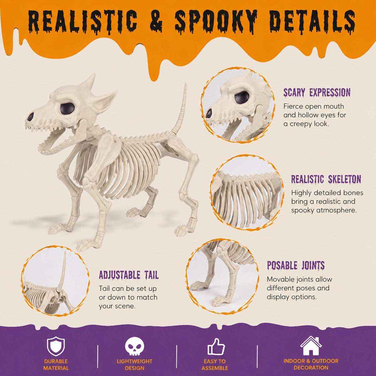 Halloween Skeleton Dog Decoration – Posable Spooky Animal Skeleton