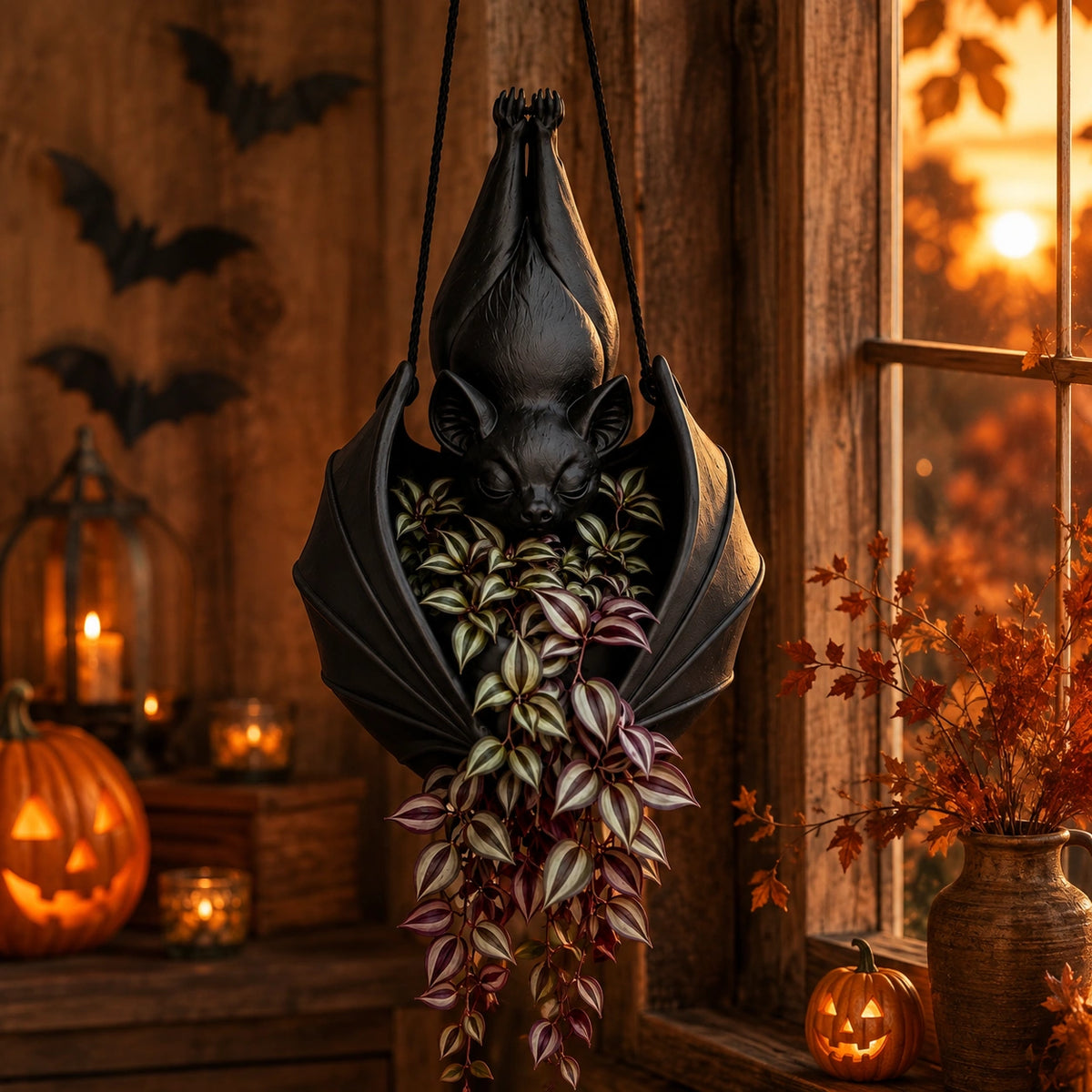 Halloween Hanging Bat Planter – Spooky Resin Flower Pot Decor