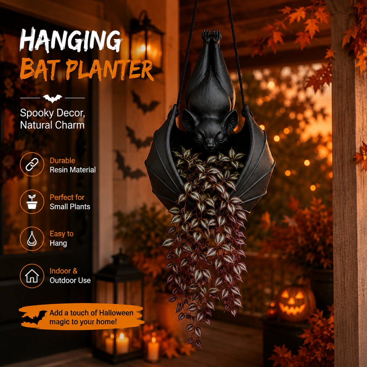 Halloween Hanging Bat Planter – Spooky Resin Flower Pot Decor