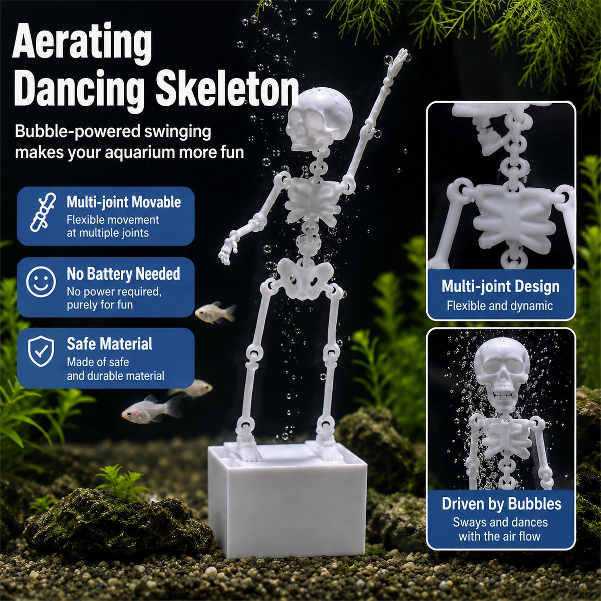 Dancing Skeleton Aquarium Ornament – Air-Powered Glow Fish Tank Decor