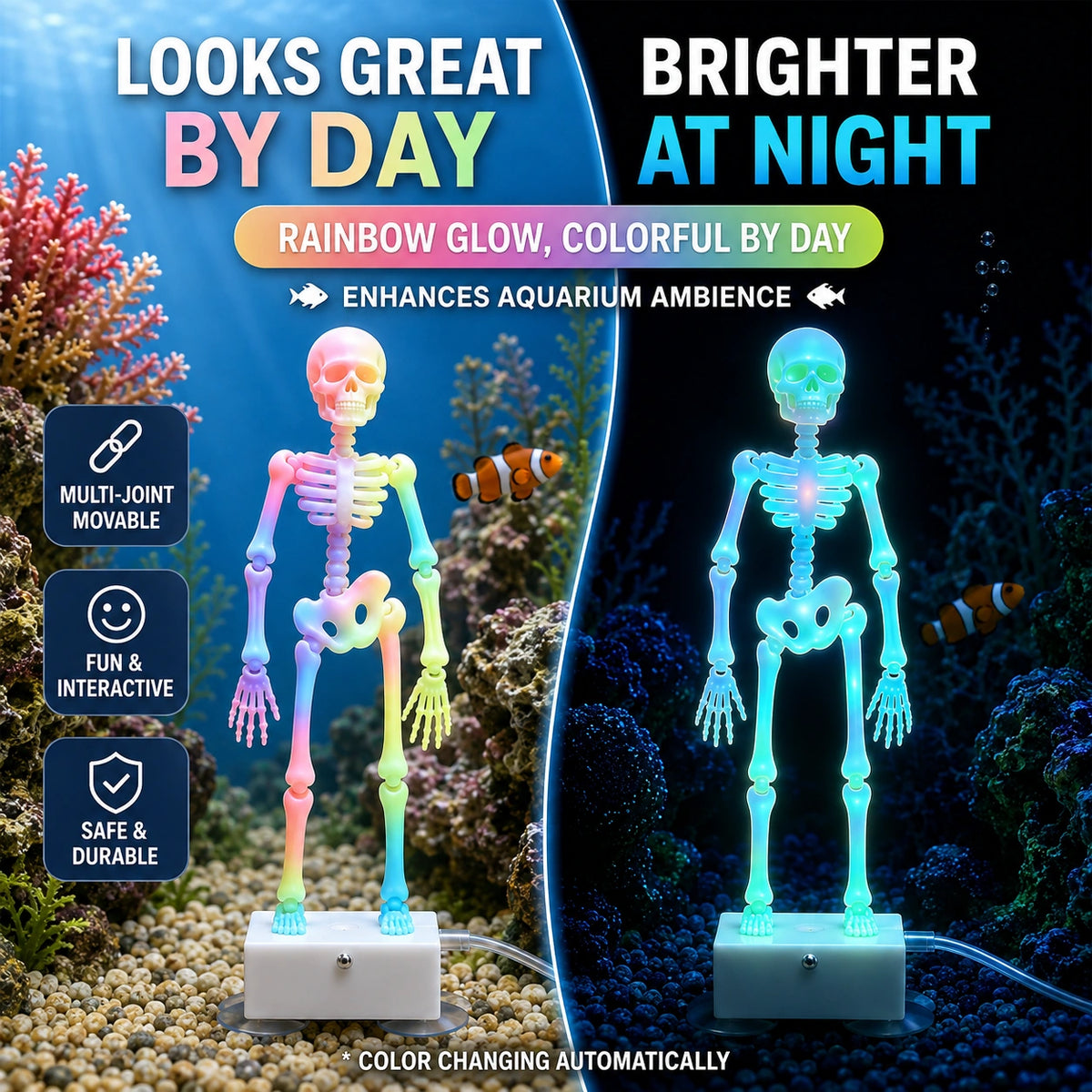 Dancing Skeleton Aquarium Ornament – Air-Powered Glow Fish Tank Decor