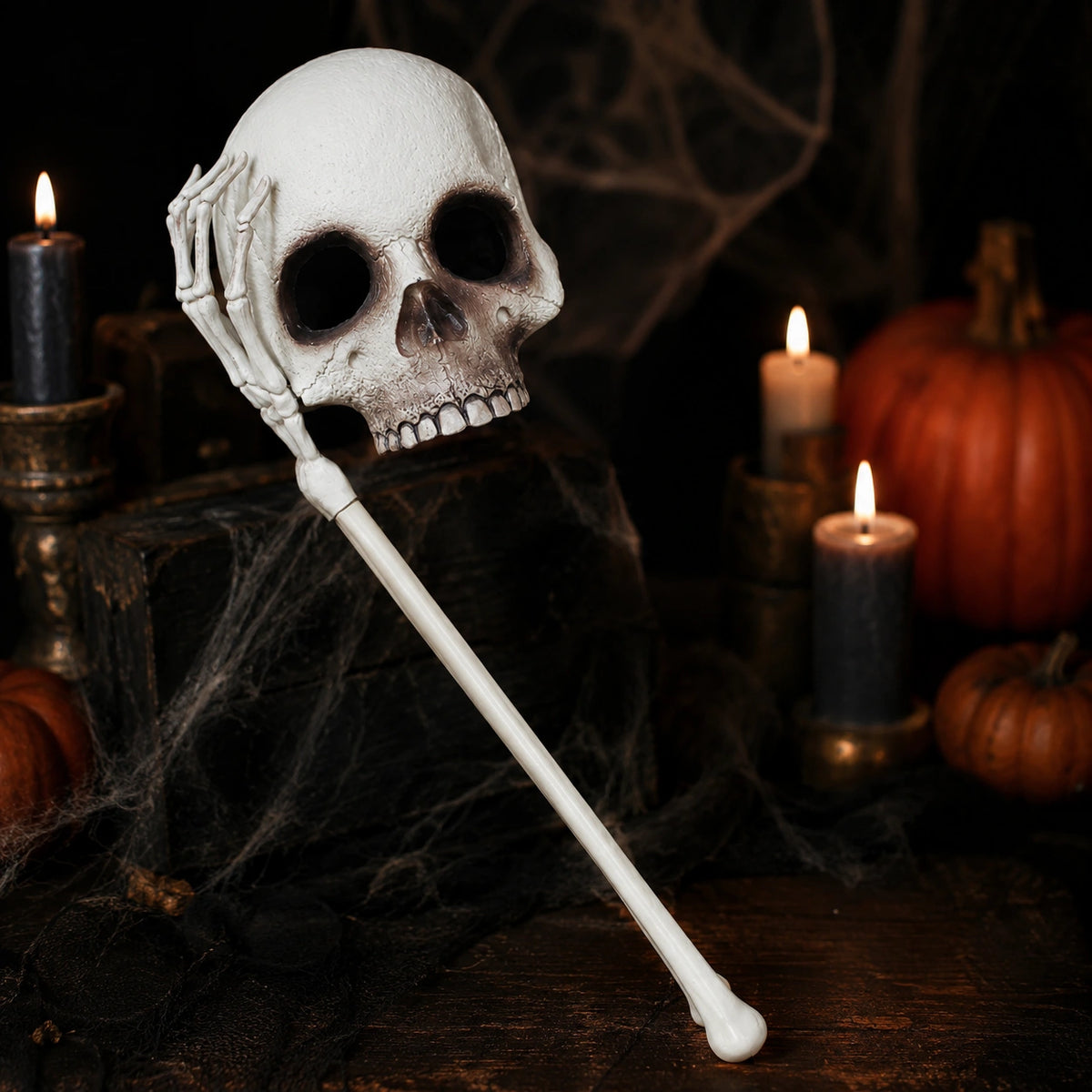 Handheld Skull Mask with Skeleton Hand – Halloween Horror Costume Prop