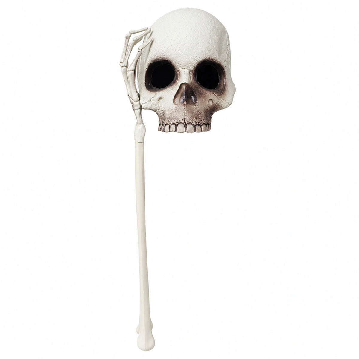Handheld Skull Mask with Skeleton Hand – Halloween Horror Costume Prop